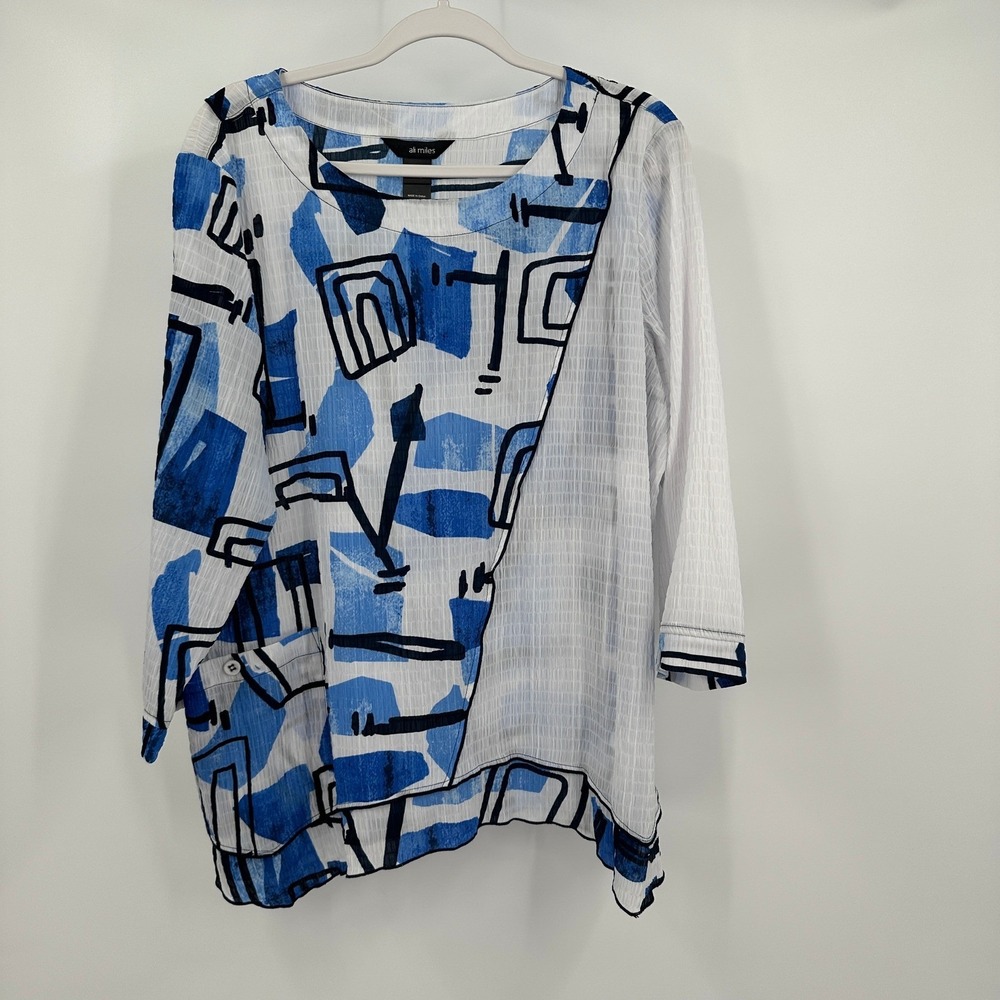 Ali Miles Womens Boho Lagenlook‎ Top Size XL Art To Wear Geometric Modern Blue